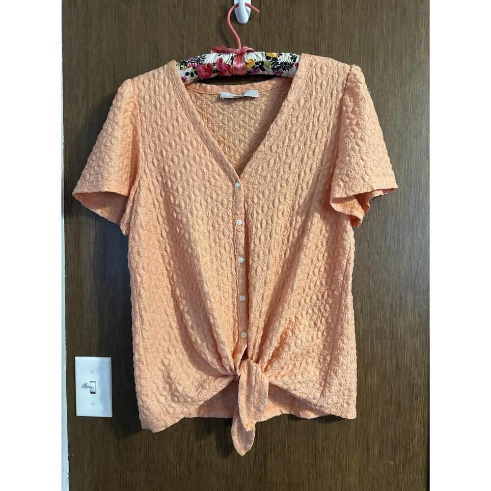 Loft sz M. womens gauzy light weight orange front tie button up shirt v-neck